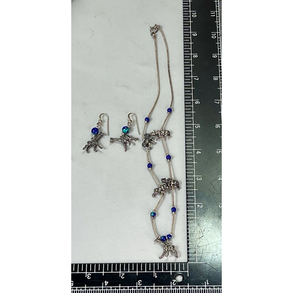 Sterling Silver Assorted Exotic Animal Charms Blue Beads Necklace & Earrings Set - Picture 15 of 16